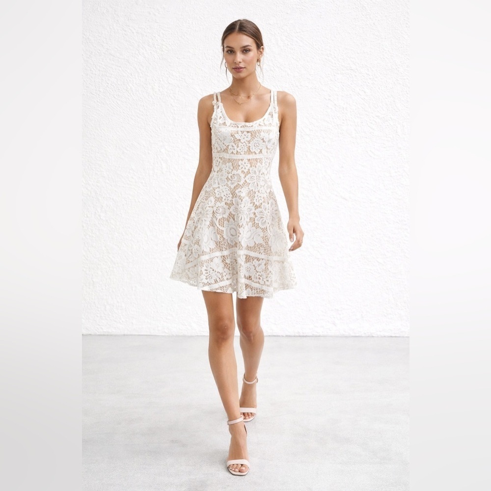 For Love & Lemons White Lace Fit Flare Sleeveless Dress Lined Boho Festival XS
